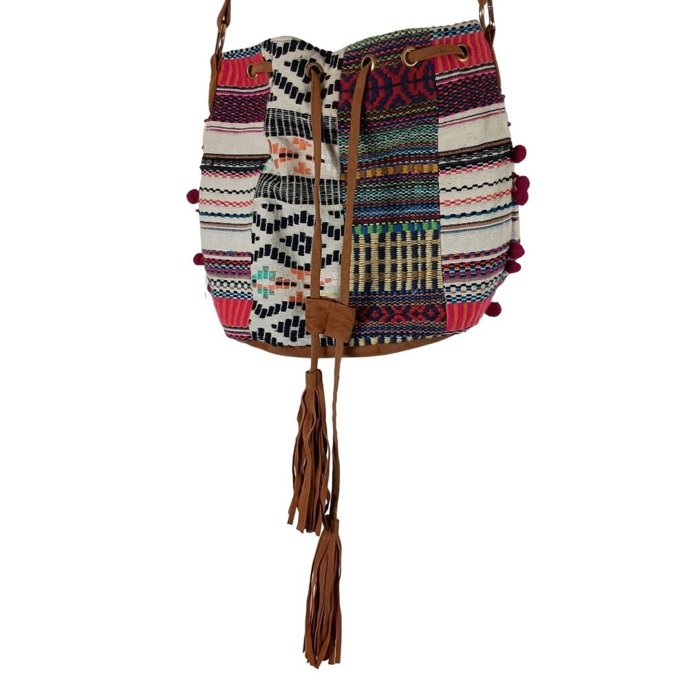 Chumbak Boho Crossbody Bag Tribal Woven Tassel Festival Bucket Purse Patchwork